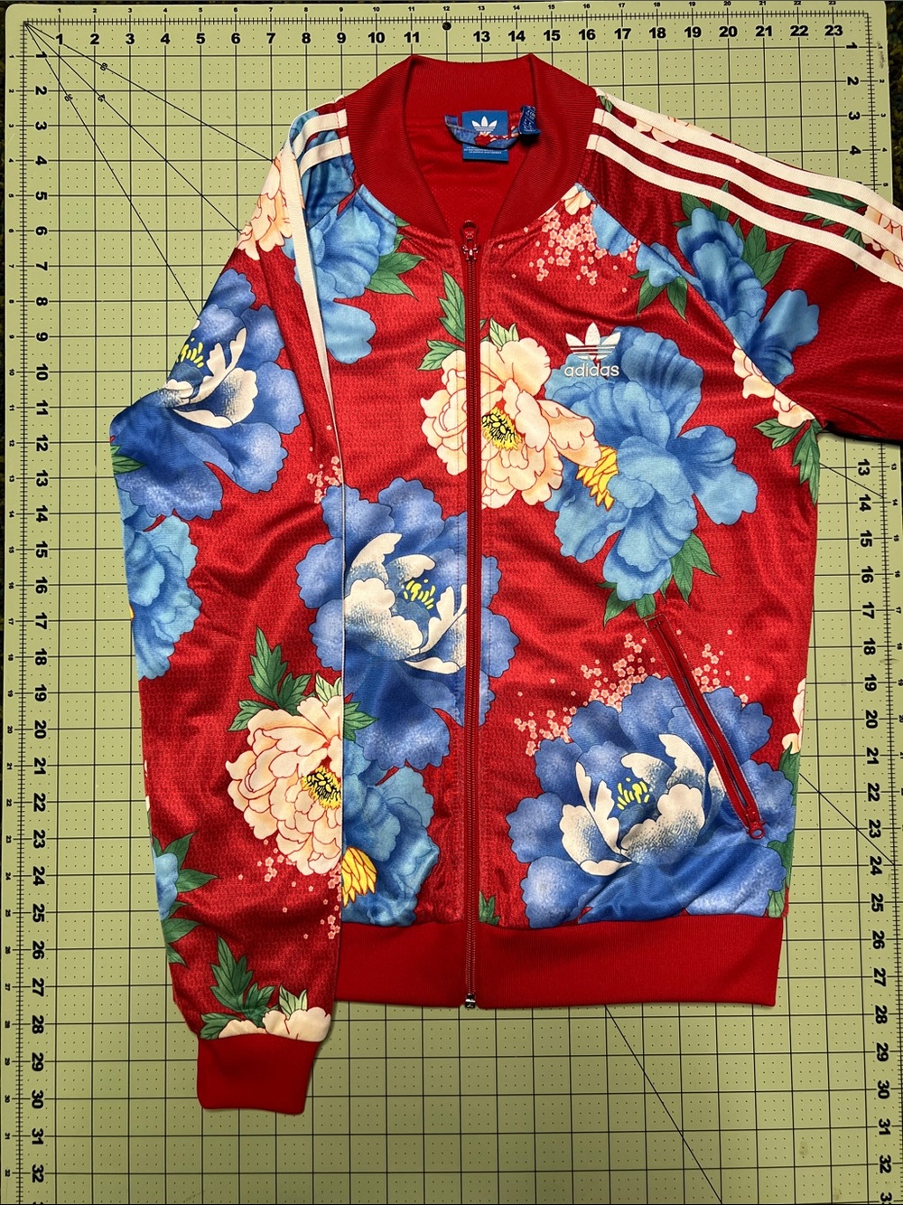 adidas Originals Red Floral Track Jacket with Blue & Cream Flowers